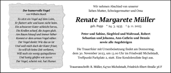 Traueranzeige von Renate Margarete Müller von Odenwälder Echo