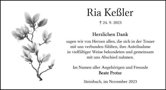 Traueranzeige von Ria Keßler von Odenwälder Echo