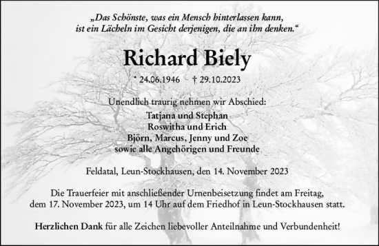 Traueranzeige von Richard Biely von Wetzlarer Neue Zeitung