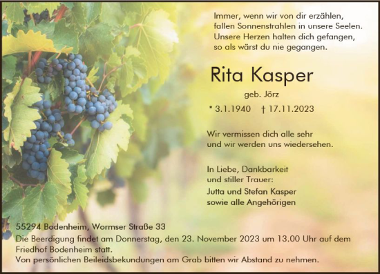 Traueranzeige von Rita Kasper von Allgemeine Zeitung Mainz