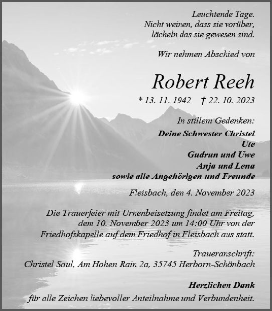 Traueranzeige von Robert Reeh von Dill Block