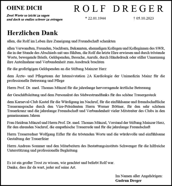 Traueranzeige von Rolf Dreger von Allgemeine Zeitung Mainz