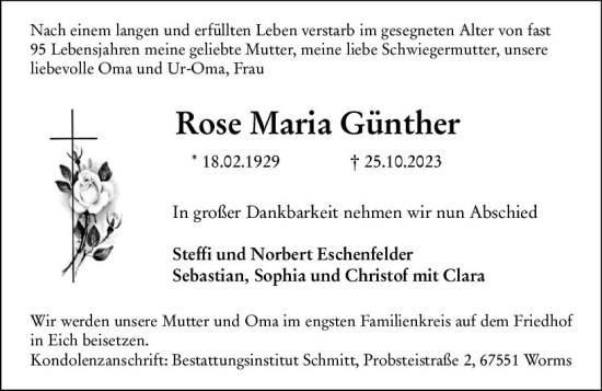 Traueranzeige von Rose Maria Günther von Wormser Zeitung