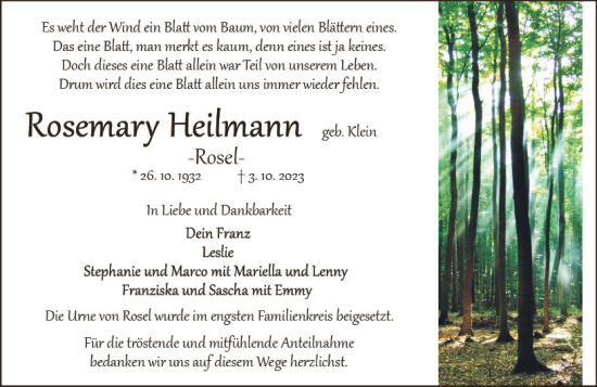Traueranzeige von Rosemary Heilmann von Odenwälder Echo