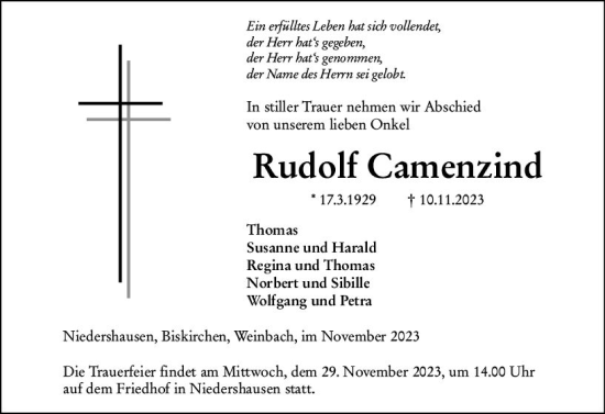 Traueranzeige von Rudolf Camenzind von Weilburger Tageblatt