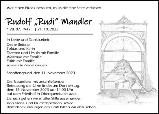 Traueranzeige von Rudolf Mandler von Wetzlarer Neue Zeitung