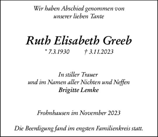 Traueranzeige von Ruth Elisabeth Greeb von Dill Block