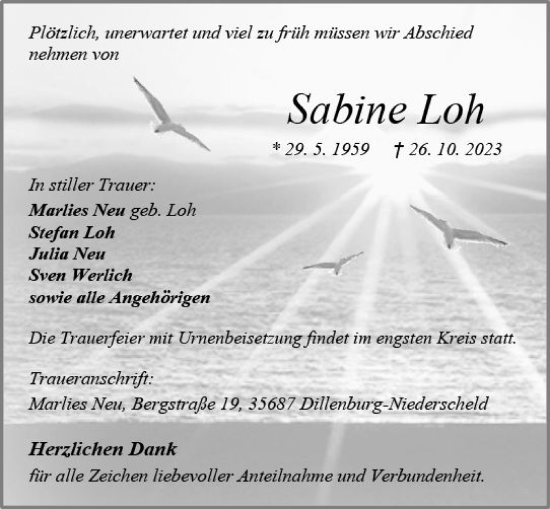 Traueranzeige von Sabine Loh von Dill Block
