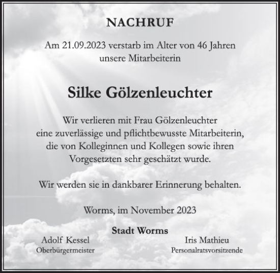 Traueranzeige von Silke  Gölzenleuchter von Wormser Zeitung