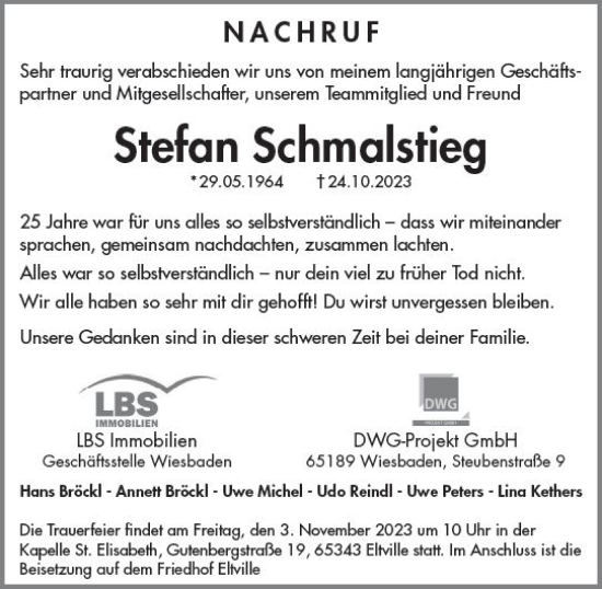 Traueranzeige von Stefan Schmalstieg von Rheingau Kurier