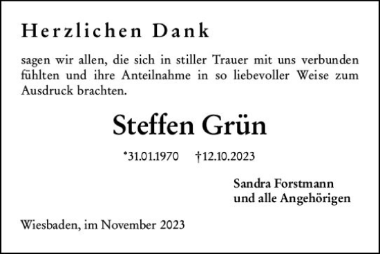 Traueranzeige von Steffen Grün von Weilburger Tageblatt