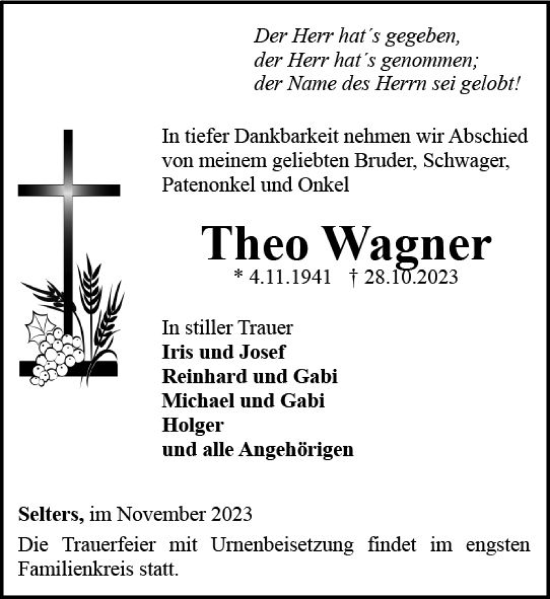 Traueranzeige von Theo Wagner von Camberger Anzeiger