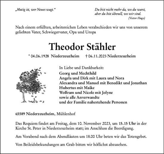 Traueranzeige von Theodor Stähler von Nassauische Neue Presse