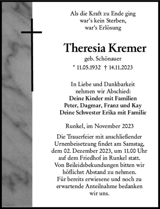 Traueranzeige von Theresia Kremer von Nassauische Neue Presse