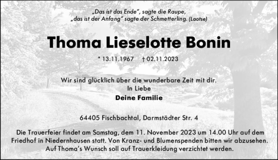 Traueranzeige von Thoma Lieselotte Bonin von Darmstädter Echo