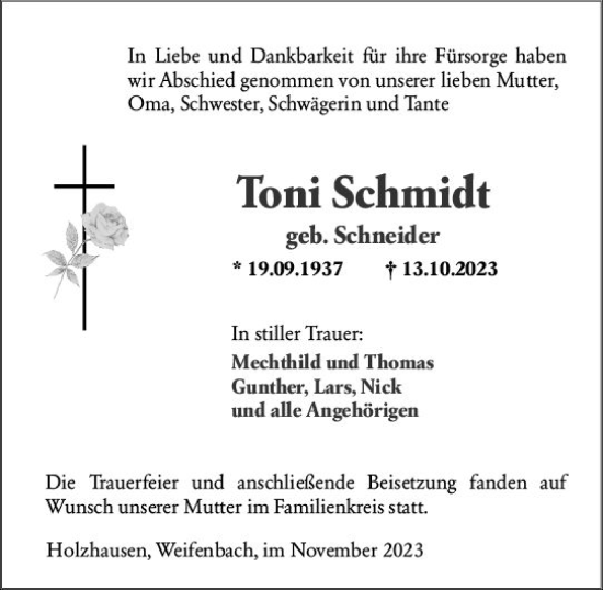 Traueranzeige von Toni Schmidt von Hinterländer Anzeiger
