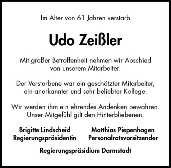 Traueranzeige von Udo Zeißler von Darmstädter Echo