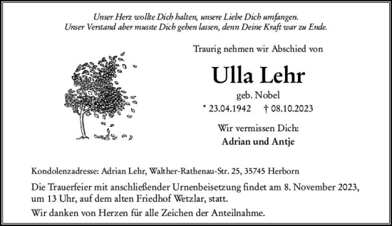 Traueranzeige von Ulla Lehr von Dill Block