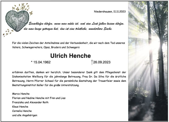 Traueranzeige von Ulrich Henche von Weilburger Tageblatt
