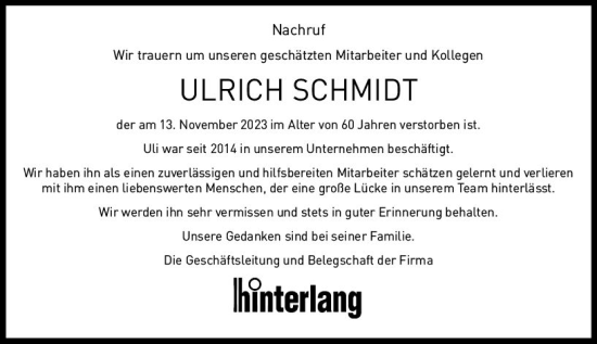 Traueranzeige von Ulrich Schmidt von Hinterländer Anzeiger