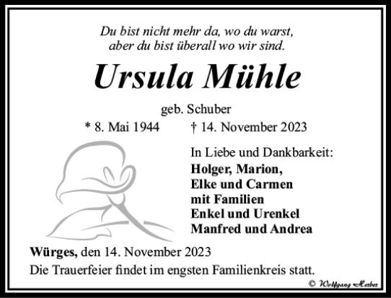 Traueranzeige von Ursula Mühle von Camberger Anzeiger