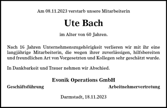 Traueranzeige von Ute Bach von Darmstädter Echo