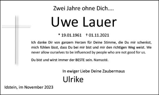 Traueranzeige von Uwe Lauer von Wiesbadener Kurier