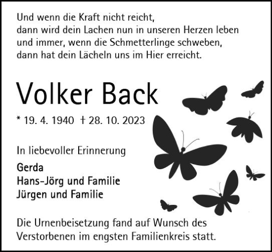 Traueranzeige von Volker Back von Odenwälder Echo