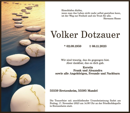 Traueranzeige von Volker Dotzauer von Allgemeine Zeitung Bingen/Ingelheim