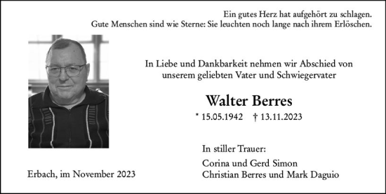 Traueranzeige von Walter Berres von Odenwälder Echo