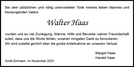 Traueranzeige von Walter Haas von Dieburger Anzeiger/Groß-Zimmerner Lokal-Anzeiger
