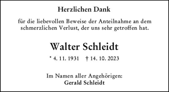 Traueranzeige von Walter Schleidt von Darmstädter Echo