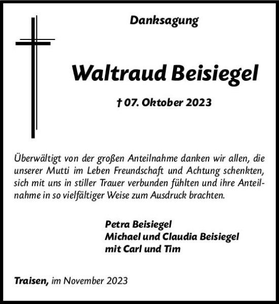 Traueranzeige von Waltraud Beisiegel von Allgemeine Zeitung Bad Kreuznach