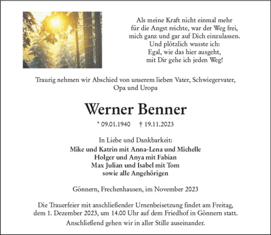 Traueranzeige von Werner Benner von Hinterländer Anzeiger