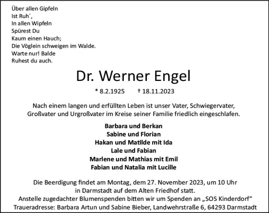 Traueranzeige von Werner Engel von Darmstädter Echo