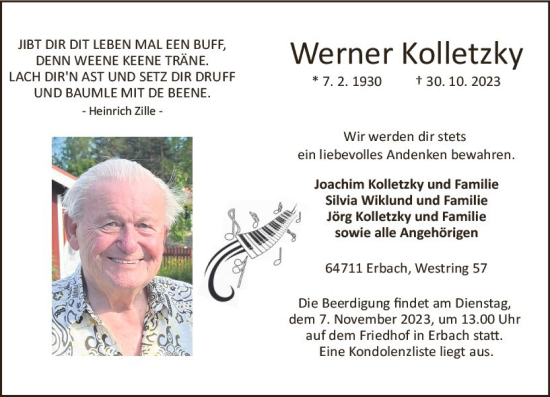 Traueranzeige von Werner Kolletzky von Odenwälder Echo