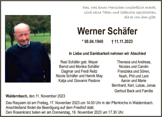 Traueranzeige von Werner Schäfer von Weilburger Tageblatt