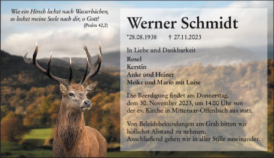 Traueranzeige von Werner Schmidt von Dill Block