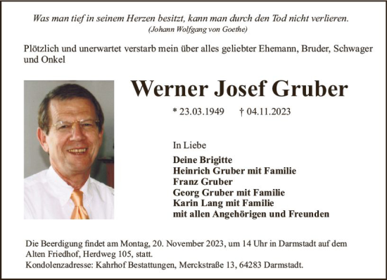 Traueranzeige von Werner Josef Gruber von Darmstädter Echo