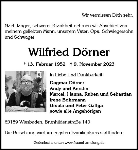Traueranzeige von Wilfried Dörner von Wiesbadener Kurier