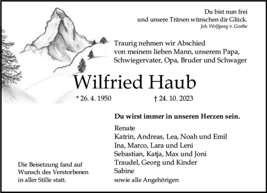 Traueranzeige von Wilfried Haub von Allgemeine Zeitung Mainz