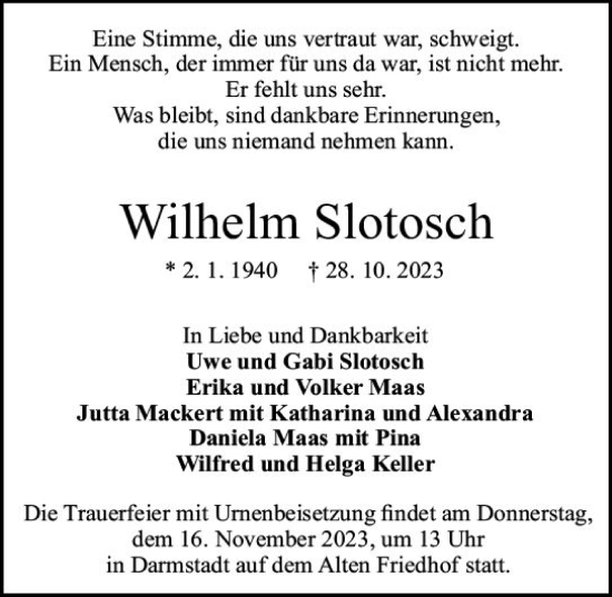 Traueranzeige von Wilhelm Slotosch von Darmstädter Echo