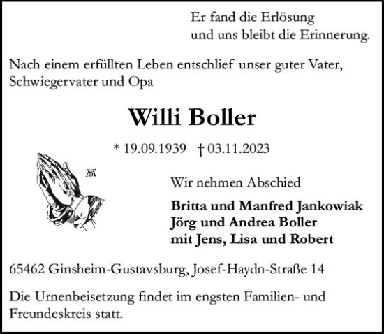 Traueranzeige von Willi Boller von Allgemeine Zeitung Mainz