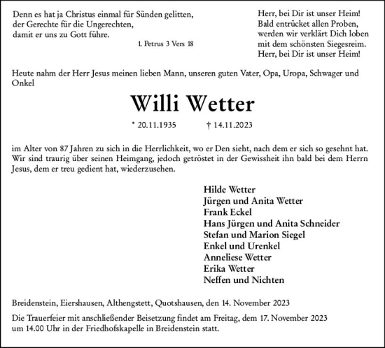 Traueranzeige von Willi Wetter von Hinterländer Anzeiger