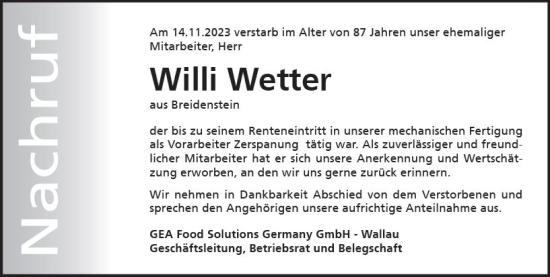 Traueranzeige von Willi Wetter von Hinterländer Anzeiger
