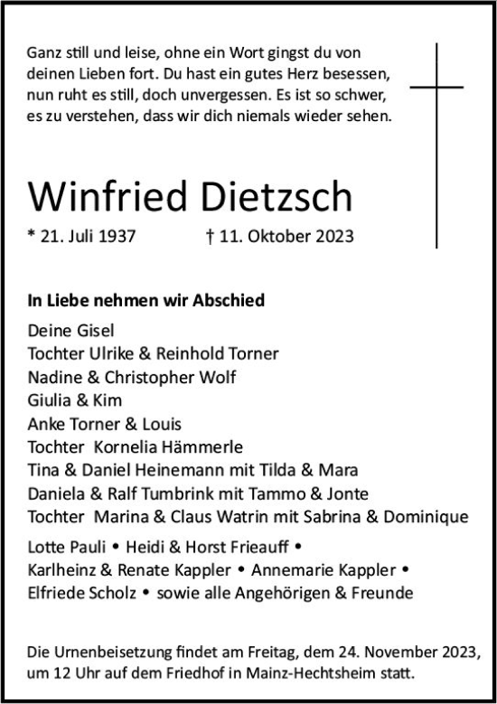 Traueranzeige von Winfried Dietzsch von Allgemeine Zeitung Mainz