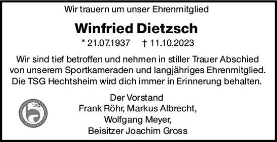 Traueranzeige von Winfried Dietzsch von Allgemeine Zeitung Mainz