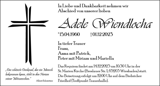 Traueranzeige von Adele Wiendlocha von Wiesbadener Kurier