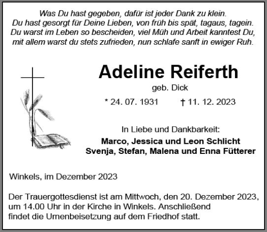 Traueranzeige von Adeline Reiferth von Weilburger Tageblatt