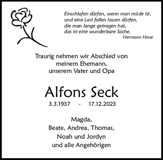 Traueranzeige von Alfons Seck von Allgemeine Zeitung Mainz